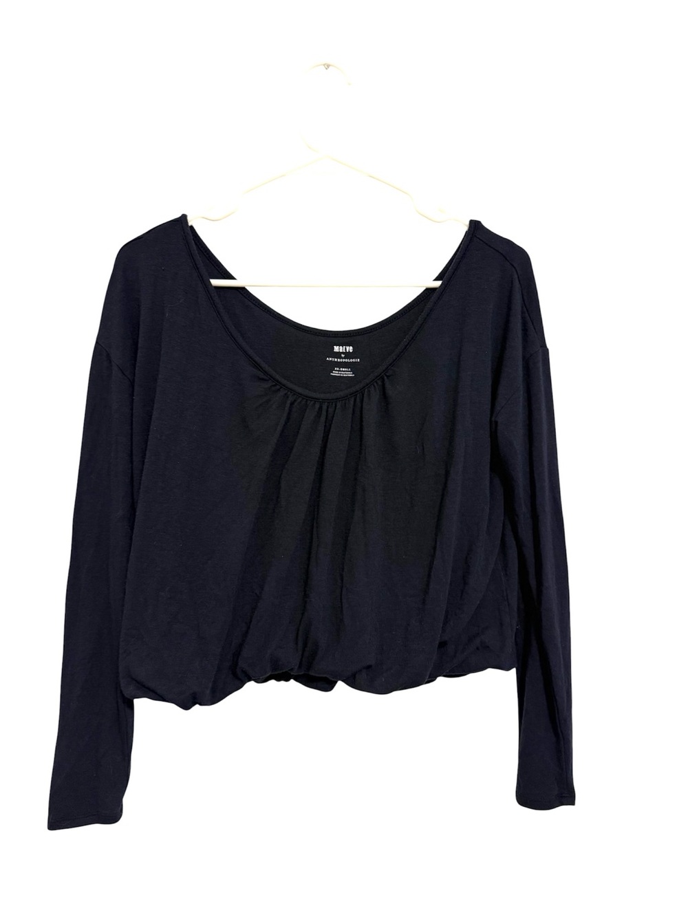 Maeve Anthropologie Navy Bubble Hem Long Sleeve Top XXS Relaxed Stretchy